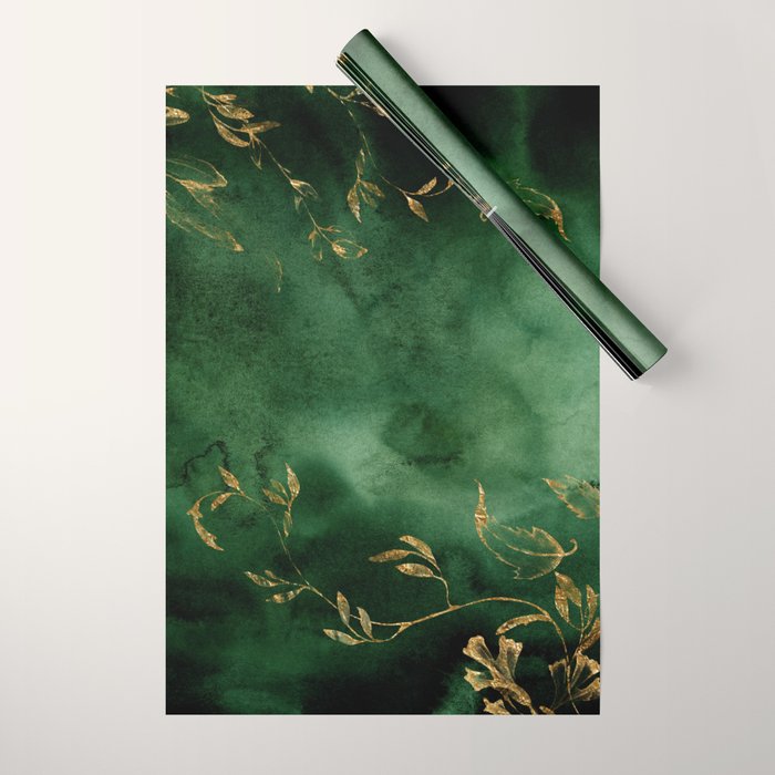 Winter Gold Flowers On Emerald Marble Texture Wrapping Paper Gallery Image 1