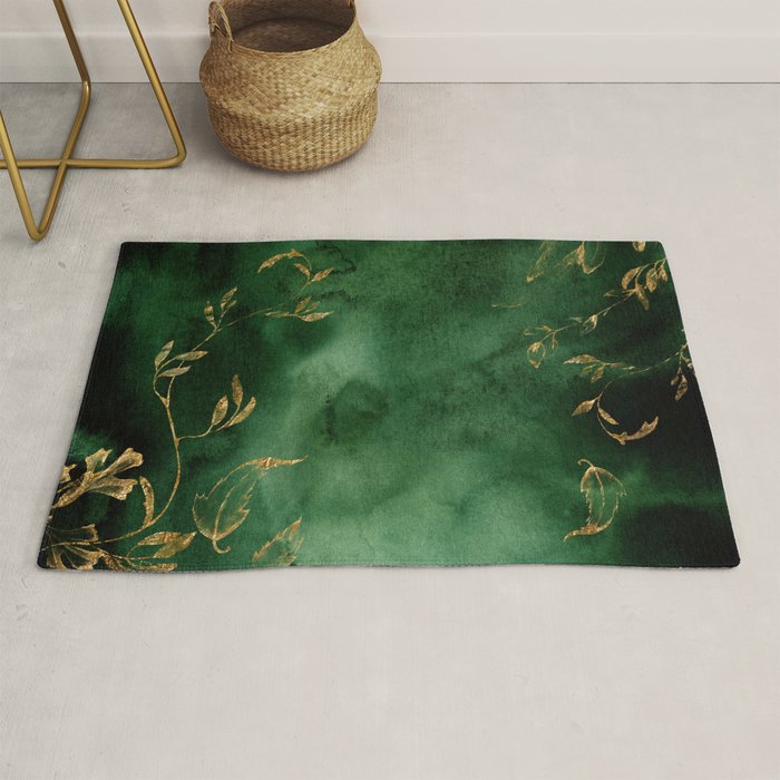 Winter Gold Flowers On Emerald Marble Texture Rug Gallery Image 1