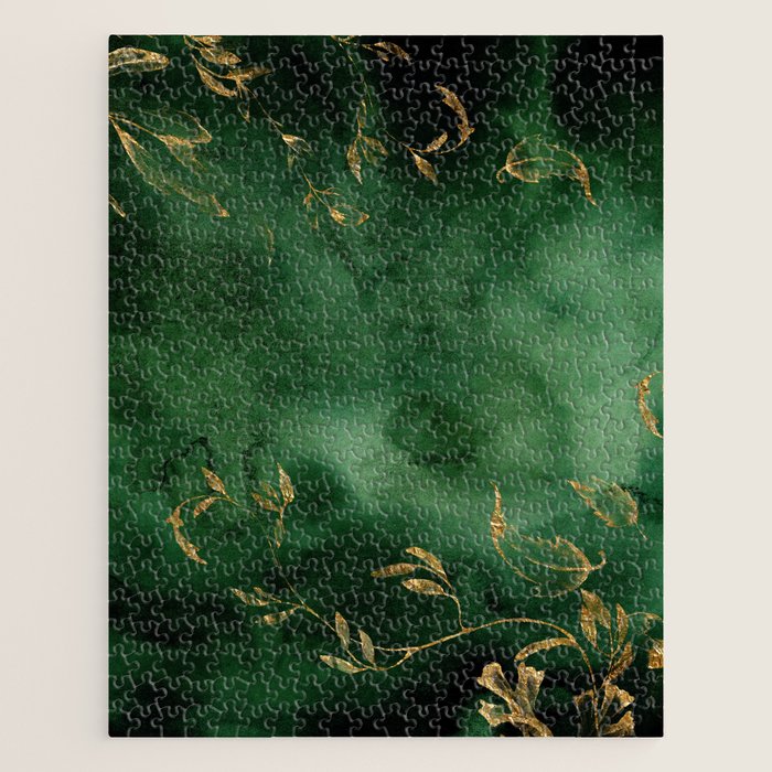 Winter Gold Flowers On Emerald Marble Texture Jigsaw Puzzle