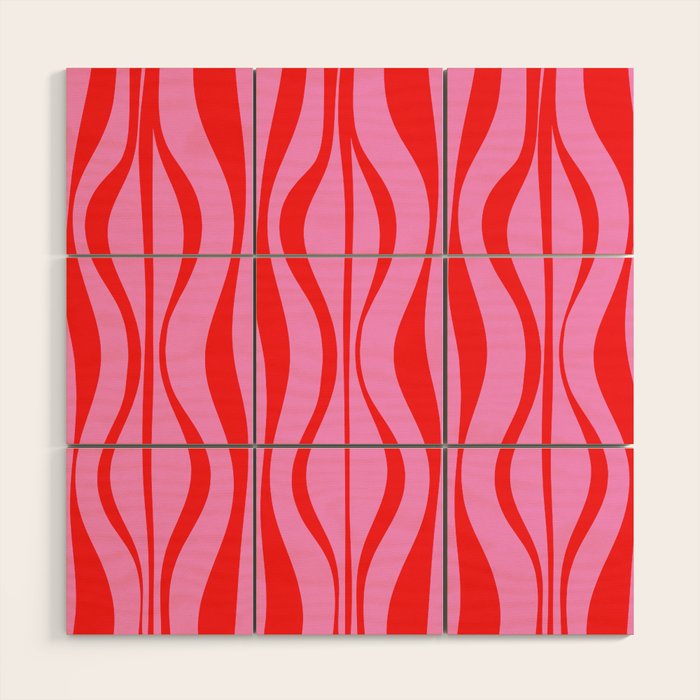Retro Mod Hourglass Abstract Midcentury Modern Pattern in Preppy Pink and Red Wood Wall Art Gallery Image 1