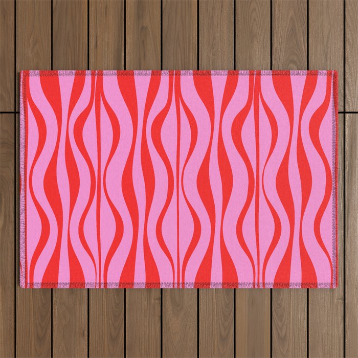 Retro Mod Hourglass Abstract Midcentury Modern Pattern in Preppy Pink and Red Outdoor Rug Gallery Image 1