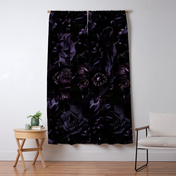 Vintage Black Dramatic Glamour Autumn Romanticism: Maximalism Moody Florals - Grand Millennial Midnight purple Roses Black Bouquets and Nostalgic Gothic Mystic Flowers Window Curtain Gallery Image 1
