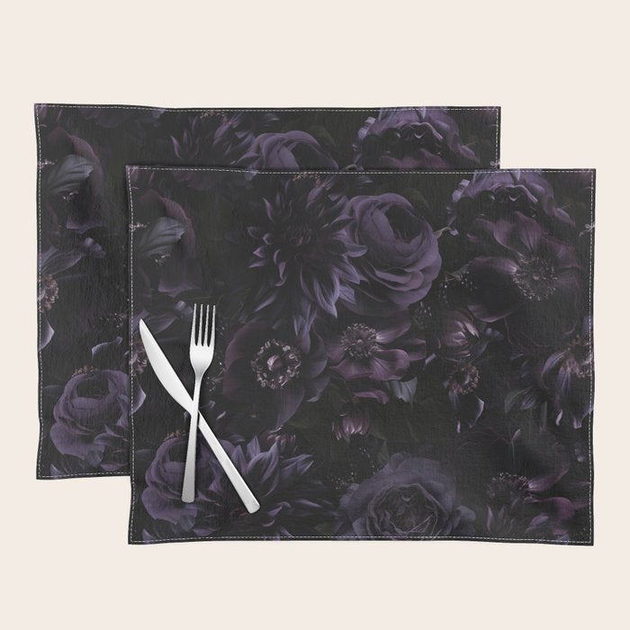 Vintage Black Dramatic Glamour Autumn Romanticism: Maximalism Moody Florals - Grand Millennial Midnight purple Roses Black Bouquets and Nostalgic Gothic Mystic Flowers Placemat Gallery Image 1
