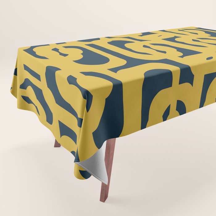 Mid Century Modern Loop Pattern in Light Mustard Yellow and Navy Blue Tablecloth Gallery Image 1