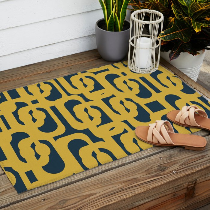 Mid Century Modern Loop Pattern in Light Mustard Yellow and Navy Blue Outdoor Rug Gallery Image 2
