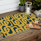 Mid Century Modern Loop Pattern in Light Mustard Yellow and Navy Blue Outdoor Rug Gallery Image 2