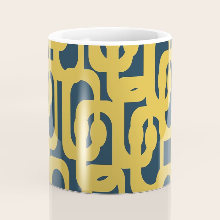 Mid Century Modern Loop Pattern in Light Mustard Yellow and Navy Blue Coffee Mug Gallery Image 4