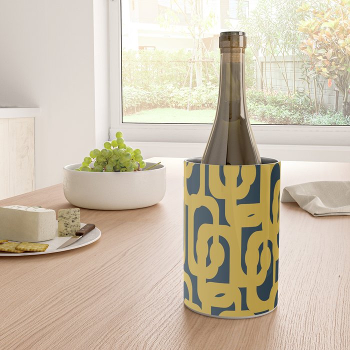 Mid Century Modern Loop Pattern in Light Mustard Yellow and Navy Blue Wine Chiller Gallery Image 4