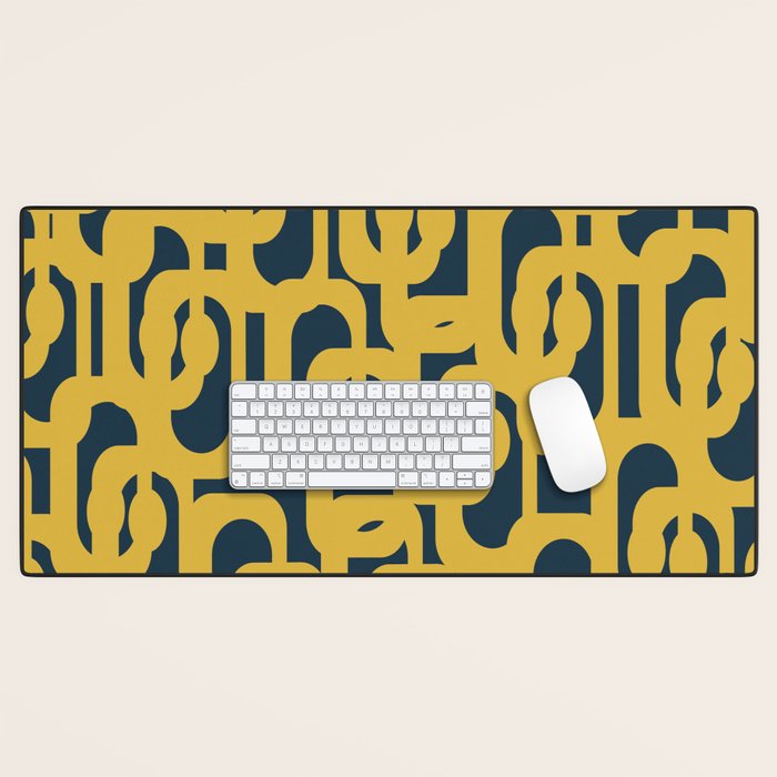 Mid Century Modern Loop Pattern in Light Mustard Yellow and Navy Blue Desk Mat Gallery Image 1