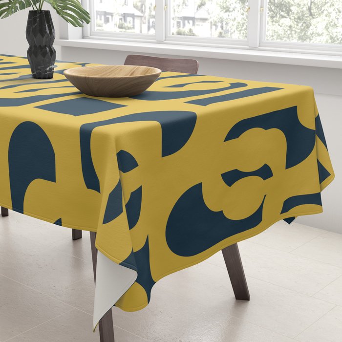 Mid Century Modern Loop Pattern in Light Mustard Yellow and Navy Blue Tablecloth Gallery Image 3
