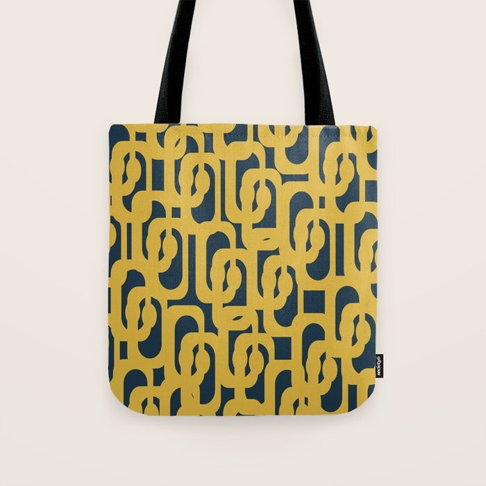 Mid Century Modern Loop Pattern in Light Mustard Yellow and Navy Blue Tote Bag Gallery Image 1