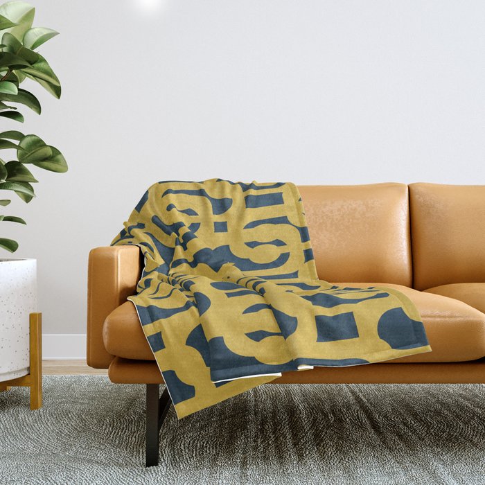 Mid Century Modern Loop Pattern in Light Mustard Yellow and Navy Blue Throw Blanket Gallery Image 1