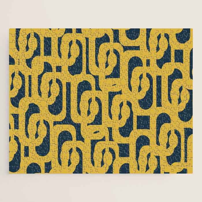 Mid Century Modern Loop Pattern in Light Mustard Yellow and Navy Blue Jigsaw Puzzle Gallery Image 1