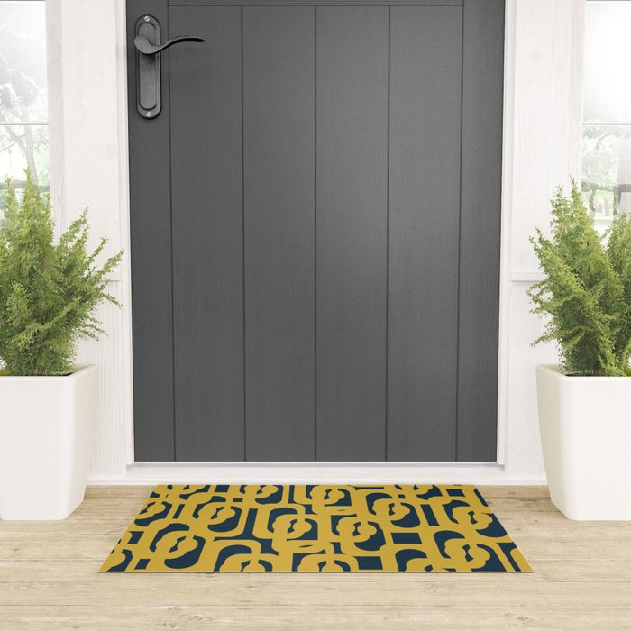 Mid Century Modern Loop Pattern in Light Mustard Yellow and Navy Blue Welcome Mat Gallery Image 3