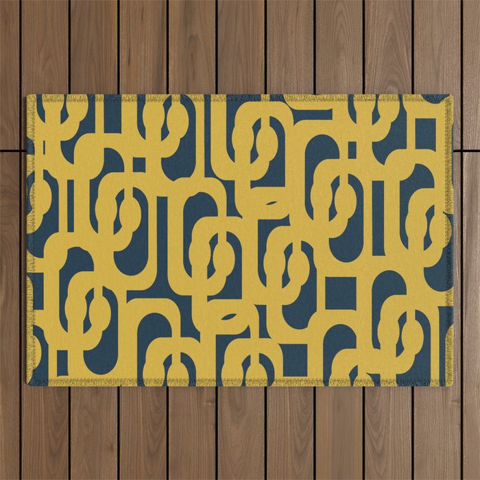 Mid Century Modern Loop Pattern in Light Mustard Yellow and Navy Blue Outdoor Rug Gallery Image 1