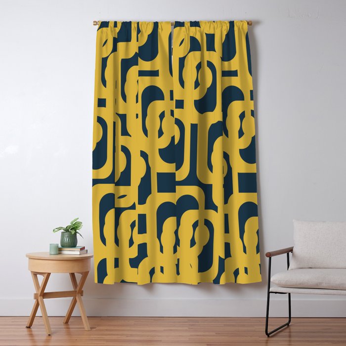 Mid Century Modern Loop Pattern in Light Mustard Yellow and Navy Blue Window Curtain Gallery Image 5