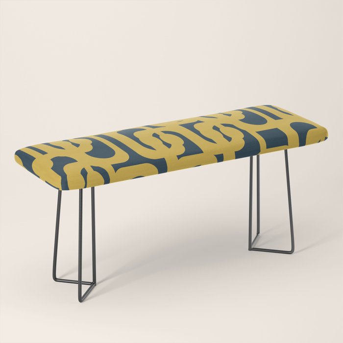 Mid Century Modern Loop Pattern in Light Mustard Yellow and Navy Blue Bench Gallery Image 1