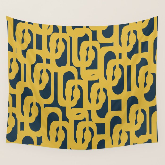 Mid Century Modern Loop Pattern in Light Mustard Yellow and Navy Blue Wall Tapestry Gallery Image 4