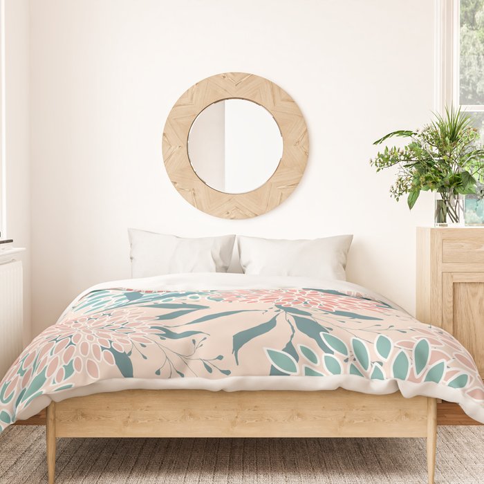 Floral Blooms and Leaves, Peach, Coral and Teal Duvet Cover Gallery Image 3