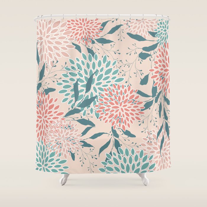 Floral Blooms and Leaves, Peach, Coral and Teal Shower Curtain Gallery Image 1