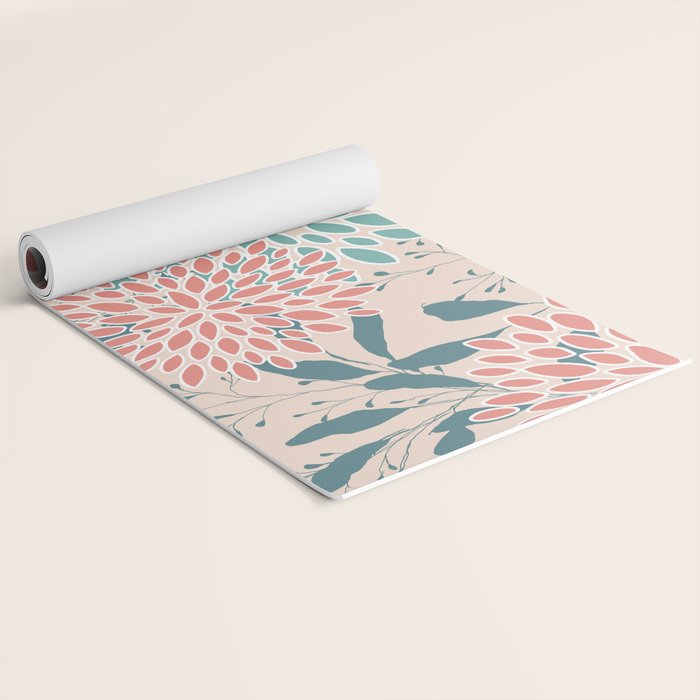 Floral Blooms and Leaves, Peach, Coral and Teal Yoga Mat Gallery Image 2