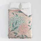 Floral Blooms and Leaves, Peach, Coral and Teal Duvet Cover Gallery Image 6