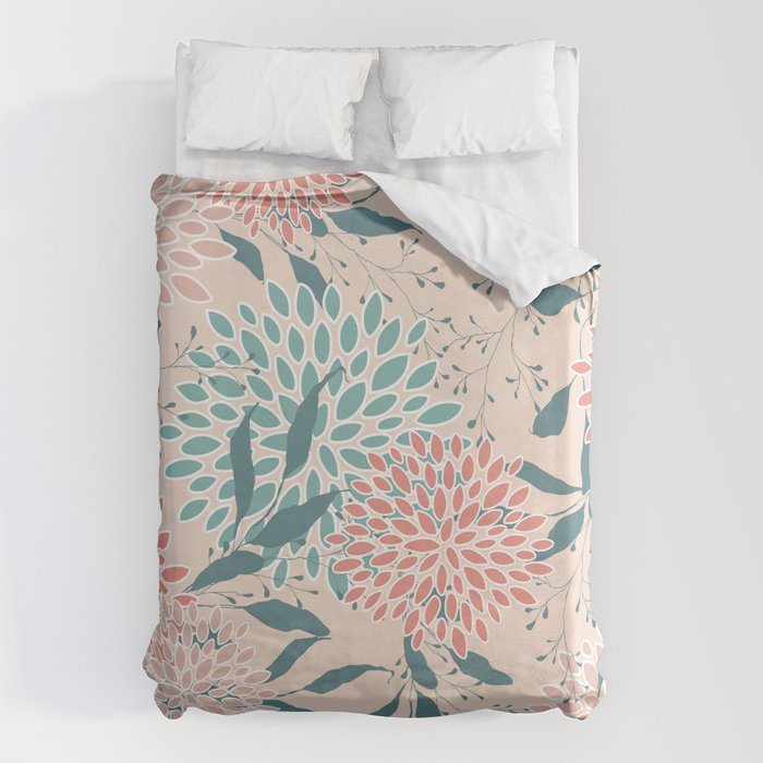 Floral Blooms and Leaves, Peach, Coral and Teal Duvet Cover Gallery Image 6