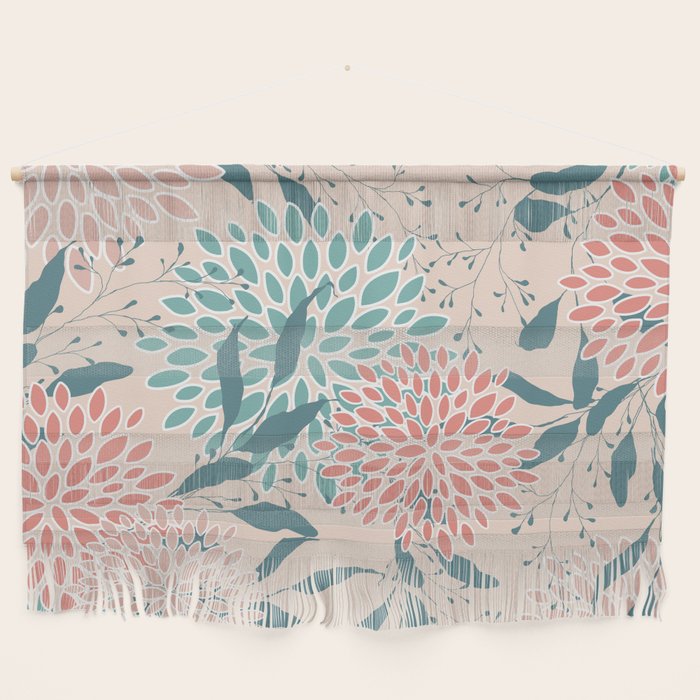 Floral Blooms and Leaves, Peach, Coral and Teal Wall Hanging Gallery Image 1