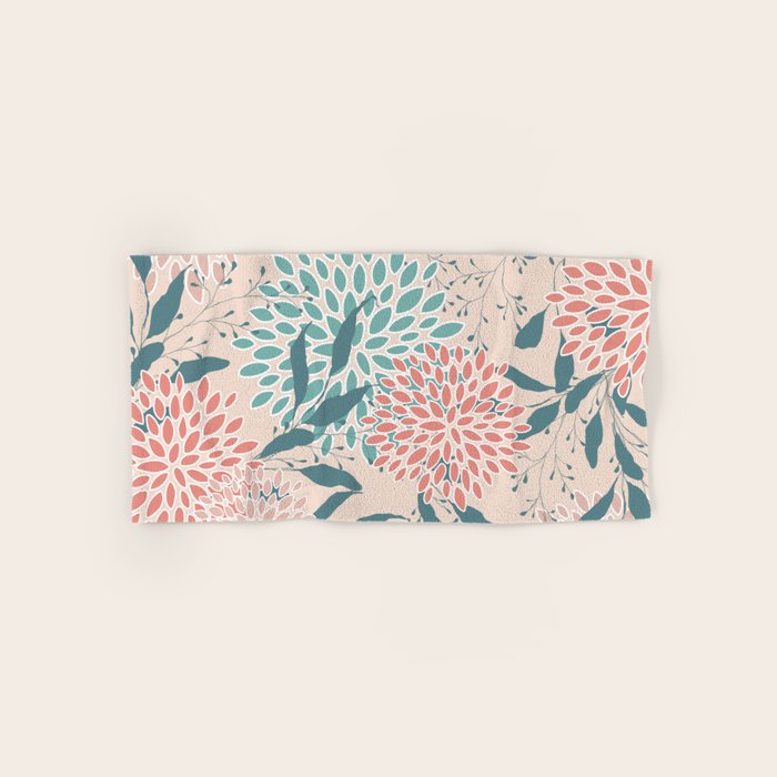 Floral Blooms and Leaves, Peach, Coral and Teal Bath Towel Gallery Image 1