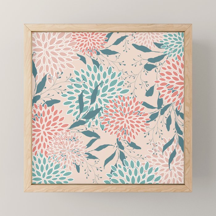Floral Blooms and Leaves, Peach, Coral and Teal Mini Art Print Gallery Image 1