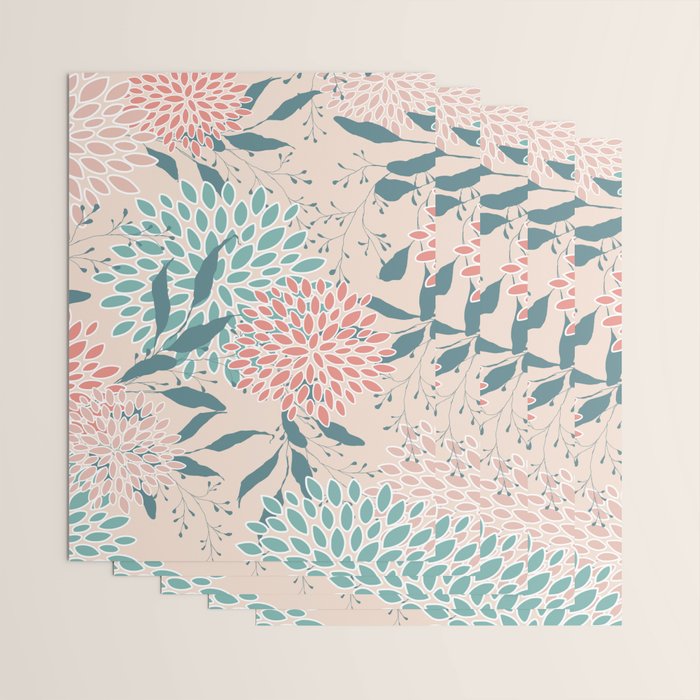 Floral Blooms and Leaves, Peach, Coral and Teal Wrapping Paper Gallery Image 3
