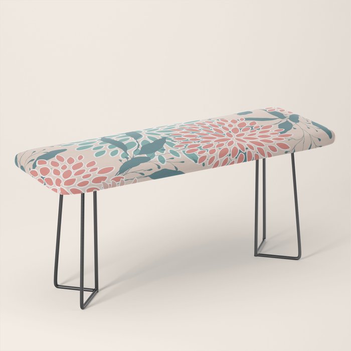 Floral Blooms and Leaves, Peach, Coral and Teal Bench Gallery Image 1