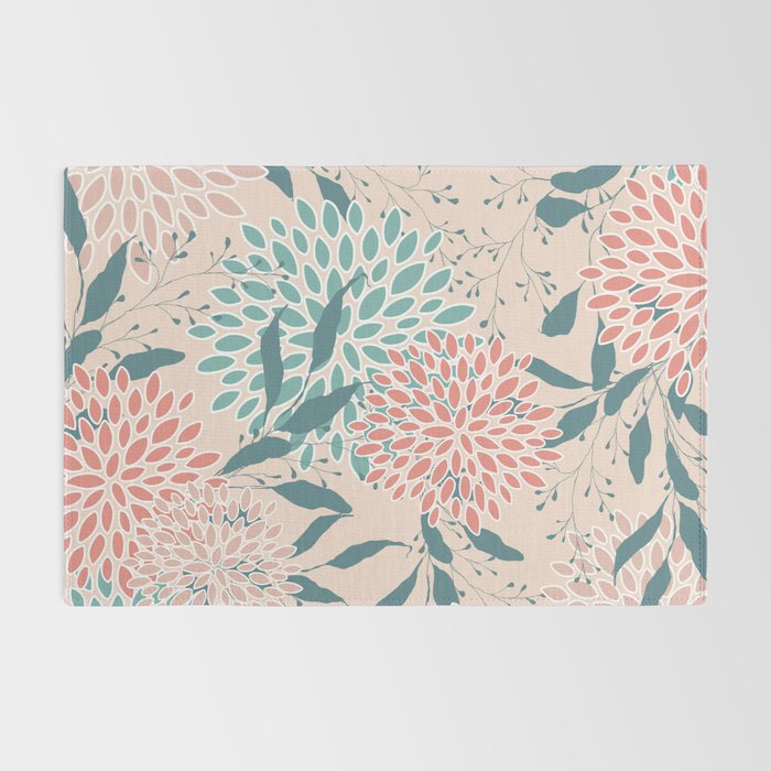 Floral Blooms and Leaves, Peach, Coral and Teal Rug Gallery Image 2