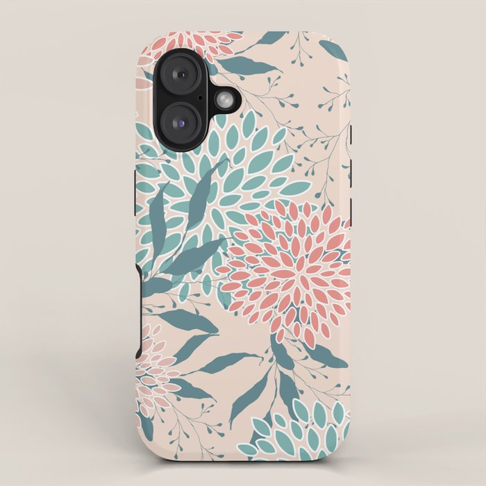 Floral Blooms and Leaves, Peach, Coral and Teal iPhone Case Gallery Image 1