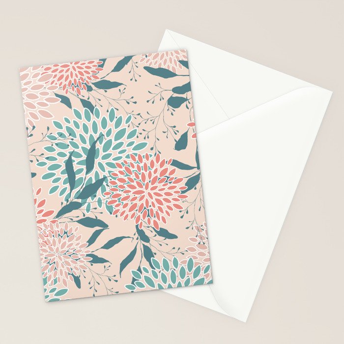 Floral Blooms and Leaves, Peach, Coral and Teal Stationery Card Gallery Image 2