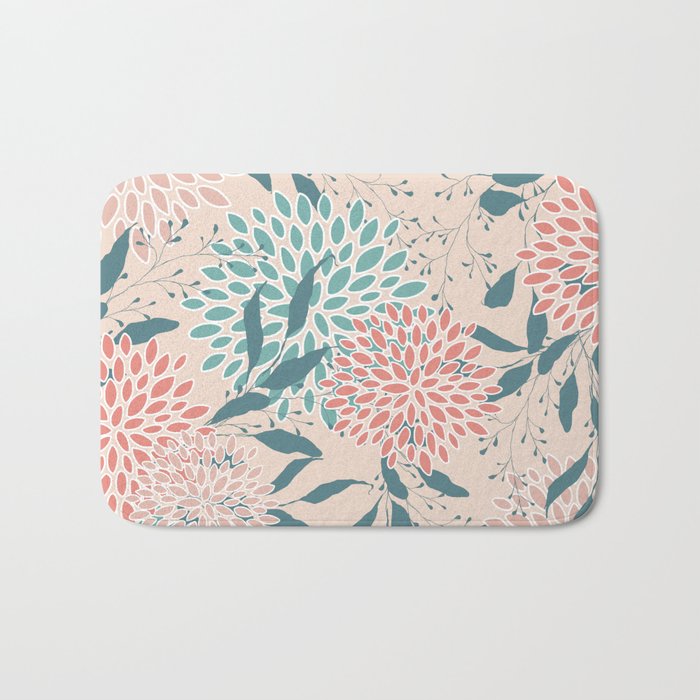 Floral Blooms and Leaves, Peach, Coral and Teal Bath Mat Gallery Image 1