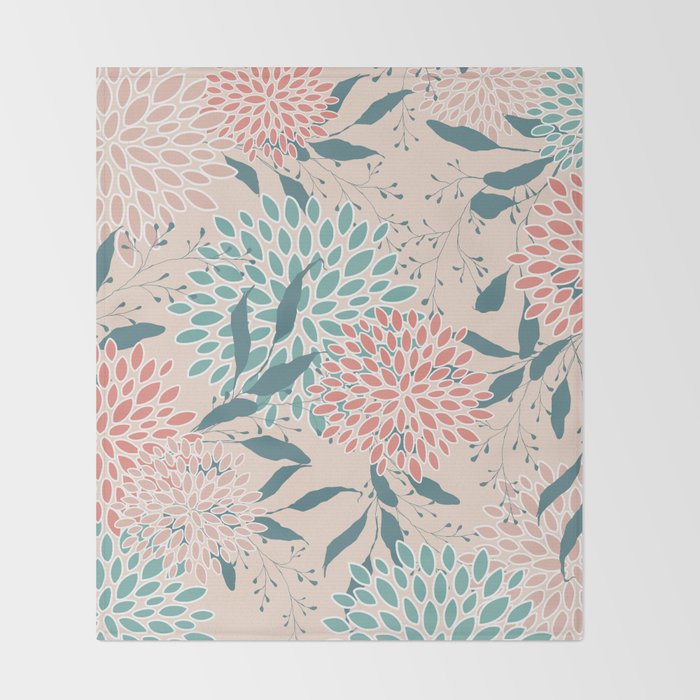 Floral Blooms and Leaves, Peach, Coral and Teal Throw Blanket Gallery Image 2