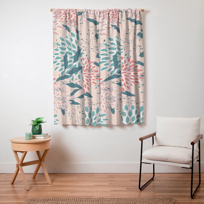 Floral Blooms and Leaves, Peach, Coral and Teal Window Curtain Gallery Image 7