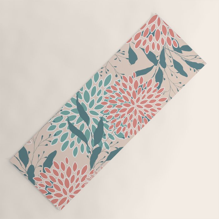 Floral Blooms and Leaves, Peach, Coral and Teal Yoga Mat Gallery Image 1