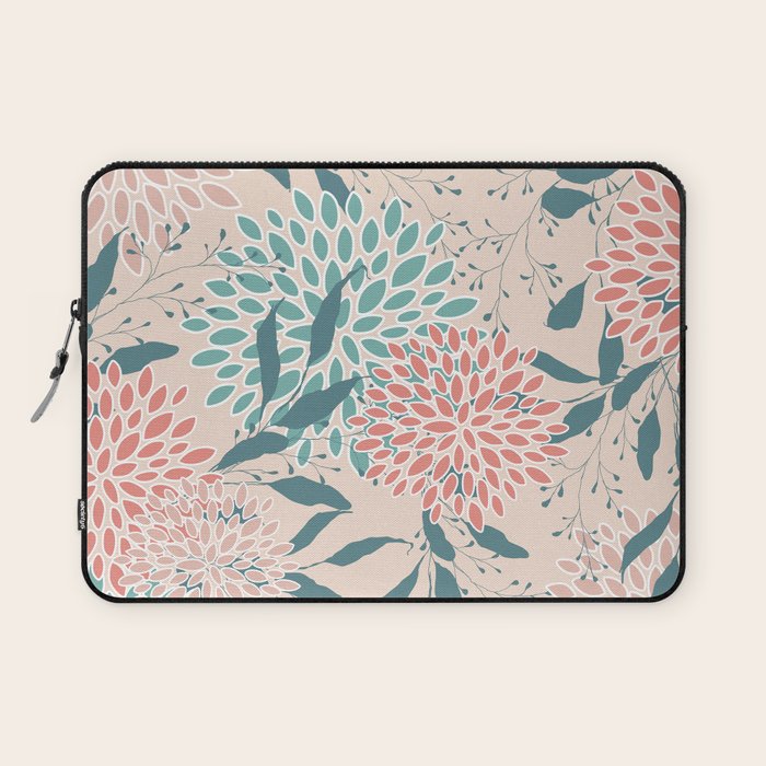 Floral Blooms and Leaves, Peach, Coral and Teal Laptop Sleeve Gallery Image 1