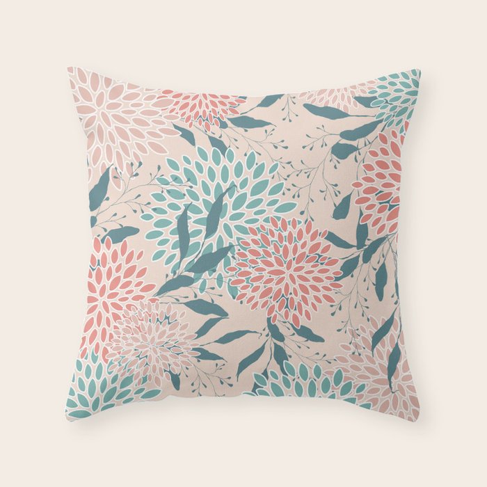 Floral Blooms and Leaves, Peach, Coral and Teal Throw Pillow Gallery Image 6