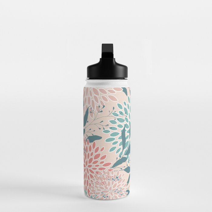 Floral Blooms and Leaves, Peach, Coral and Teal Water Bottle Gallery Image 3