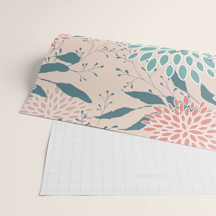 Floral Blooms and Leaves, Peach, Coral and Teal Wrapping Paper Gallery Image 2