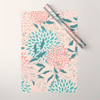 Floral Blooms and Leaves, Peach, Coral and Teal Wrapping Paper Gallery Image 1