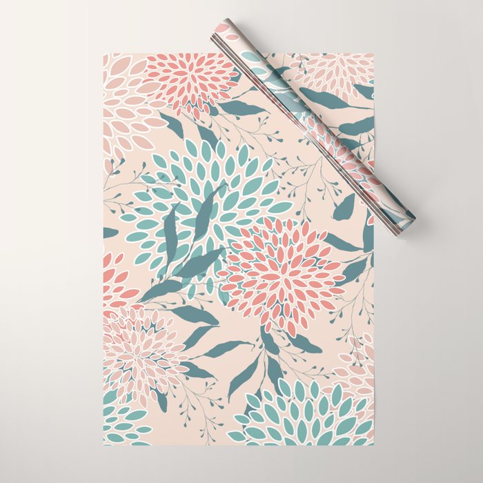 Floral Blooms and Leaves, Peach, Coral and Teal Wrapping Paper Gallery Image 1