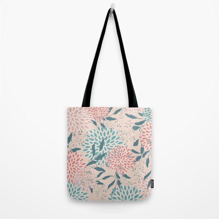 Floral Blooms and Leaves, Peach, Coral and Teal Tote Bag Gallery Image 2