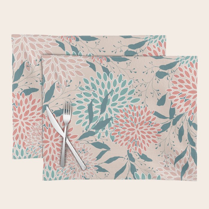 Floral Blooms and Leaves, Peach, Coral and Teal Placemat Gallery Image 1