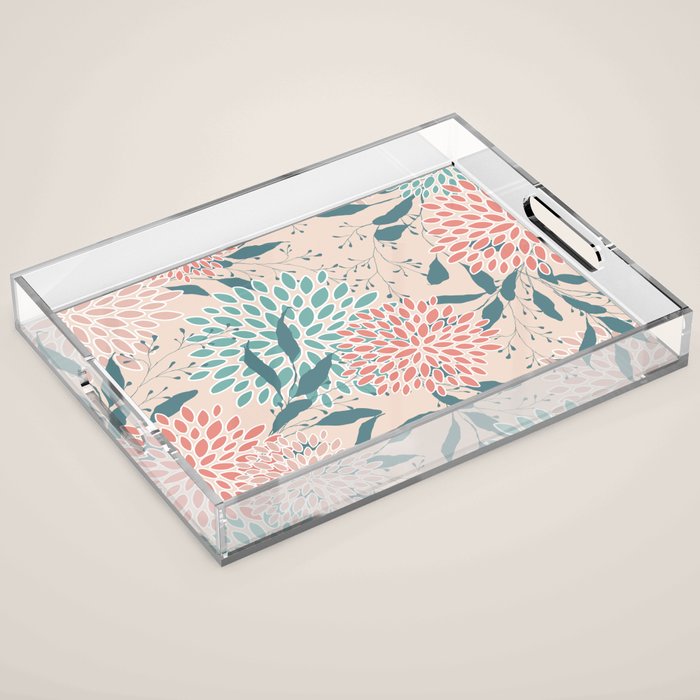 Floral Blooms and Leaves, Peach, Coral and Teal Acrylic Tray Gallery Image 1