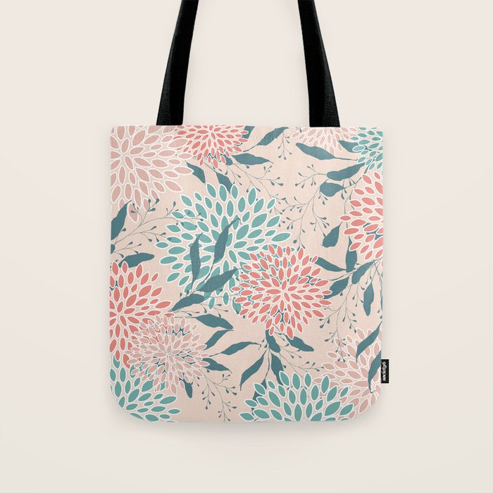 Floral Blooms and Leaves, Peach, Coral and Teal Tote Bag Gallery Image 1