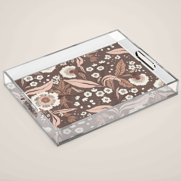 Winter Floral Vintage Pattern Warm Brown and Blush Botanical Design Acrylic Tray Gallery Image 1